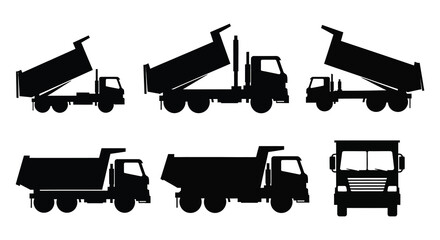 A collection of black dump trucks in various perspectives and positions on transparent background silhouette high quality professional detailed modern elegant © GDMala02