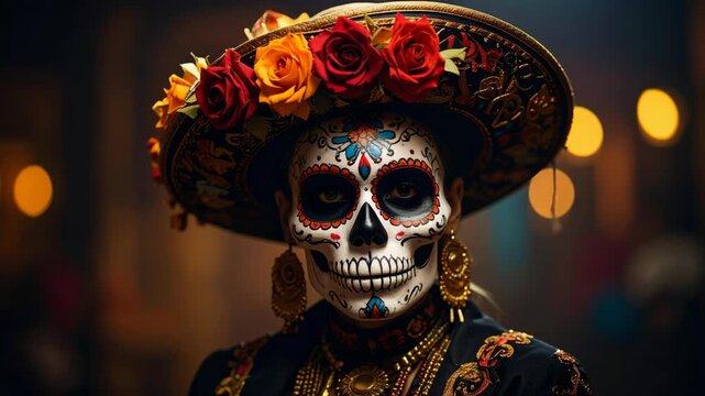 Close-up portrait of a person with Dia de los Muertos skull face paint and a floral hat