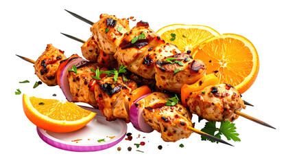 Grilled chicken skewers with orange slices and onions, a culinary delight