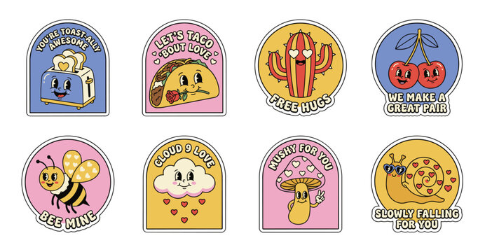 Retro Valentine Stickers with Punny Quotes Vector Set