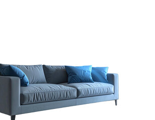 Modern grey sofa with blue cushions against a black background