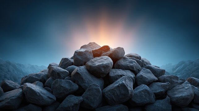 Pile of Rocks Illuminated by Soft Light Against a Dark Background with Hints of Earthy Textures and Natural Elements in a Scenic Landscape