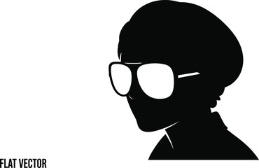 Minimalist flat vector silhouette of modern person wearing glasses, side profile portrait, black and white graphic illustration design icon © Fahim Creative