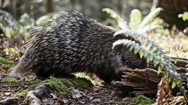 Wild Porcupine Foraging in a Mossy Forest Environment