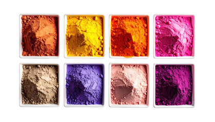 Eight square dishes filled with vibrant, colorful powdered pigments