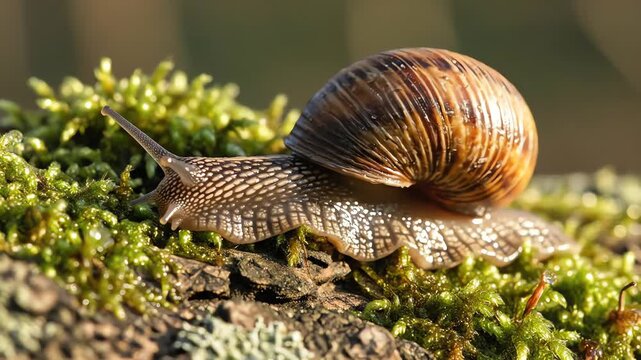 Common Garden Snail Crawling Slowly on Lush Green Moss in its Natural Habitat