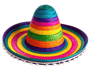 Colorful, woven sombrero with wide brim and white pompom trim