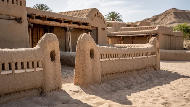 Authentic Emirati Desert Adobe House With Traditional Courtyard Fence. Sand-colored mudbrick residence in UAE oasis village, expressing climate adaptation and cultural heritage.