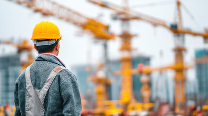 A construction worker observes the skyline, surrounded by cranes and ongoing projects in an urban environment.