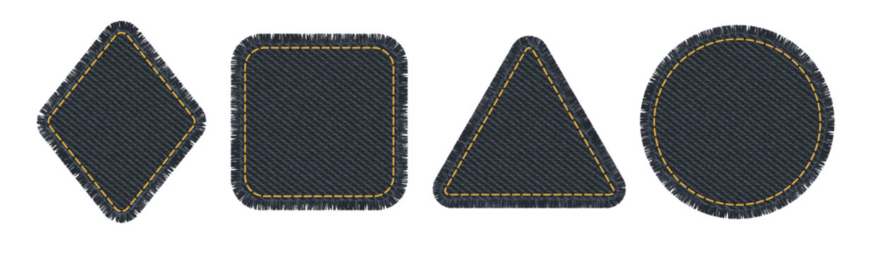 Black denim patches with torn edges. Jean fabric pieces different geometric shapes. Circle, square, triangle and rhombus with denim texture pattern, fringe and embroidery, vector illustration