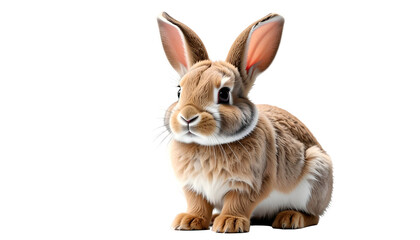 Fototapeta premium Fluffy brown rabbit with large ears and white patches, centered on a black background