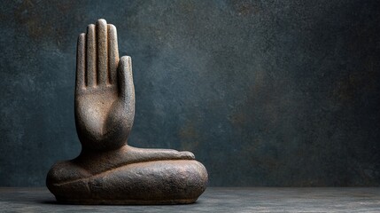 Serene Stone Buddha Hand Sculpture Symbolizing Peace and Meditation in a Tranquil Setting with Soft Lighting and Textured Background