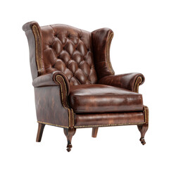 A luxurious brown leather armchair with gold accents