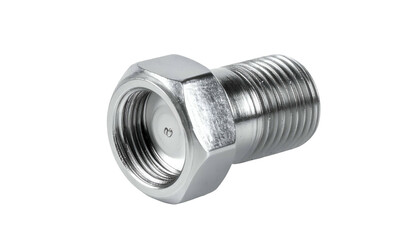 Isolated close-up of a silver-colored male-female threaded adapter fitting on black