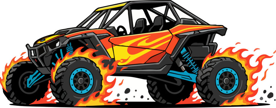 Side by Side UTV Vehicle with Burning Tires Vector Graphic