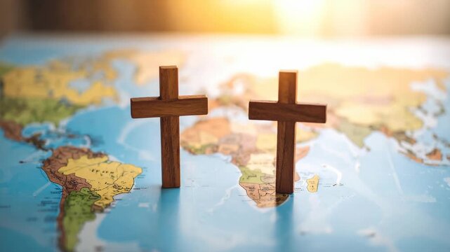 Two wooden crosses placed on a world map with warm sunlight in the background