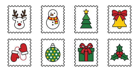 Fototapeta premium Minimalist Christmas Icon Postage Stamp Collection for Holiday Stationery and Winter Scrapbooking Assets