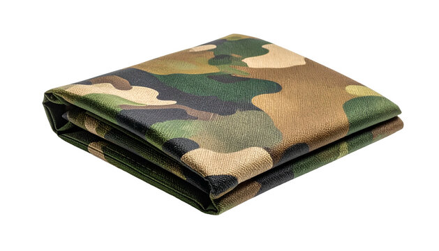 Folded square of fabric showcasing a camouflage pattern, isolated on black background