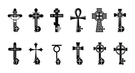 A collection of diverse religious crosses in black silhouette ideal for design work on transparent background high quality professional detailed modern
