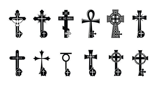 A collection of diverse religious crosses in black silhouette ideal for design work on transparent background high quality professional detailed modern
