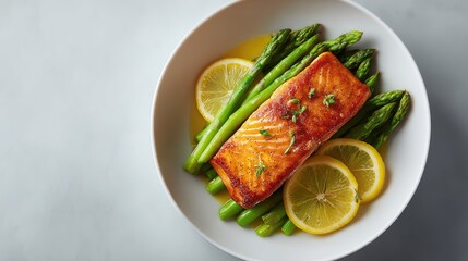 Grilled salmon fillet served on a bed of fresh asparagus with lemon slices in a modern bowl, perfect for healthy eating and culinary photography
