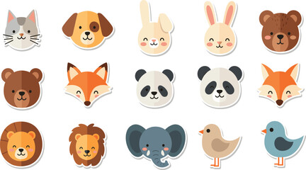 Obraz premium Cute Animal Face Sticker Icon Set with Cartoon Cat Dog Bear Fox Panda Bunny Lion Elephant and Bird Characters