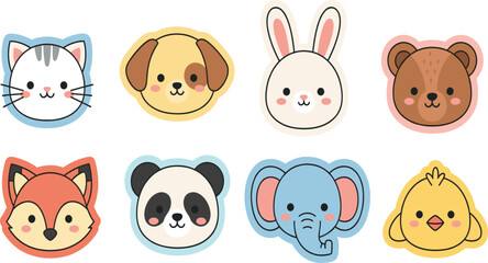 Obraz premium Cute Animal Face Sticker Icon Set with Cartoon Cat Dog Bunny Bear Fox Panda Elephant and Chick for Kids Designs