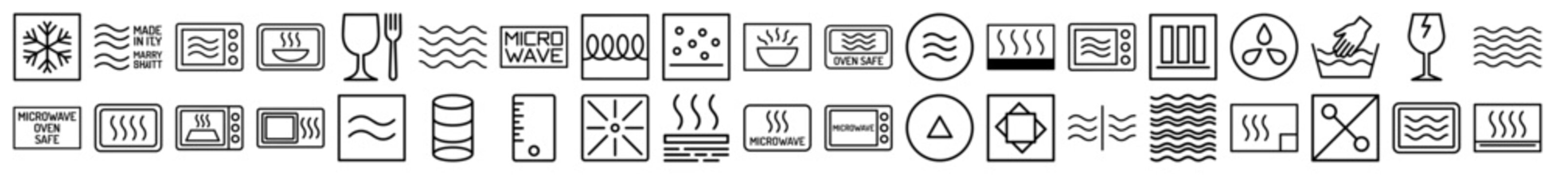 Kitchen appliance and food safety icon set. Vector pictograms of microwave, oven, freezer, dishwasher, glassware, heating, and defrosting, thin line outline illustration.