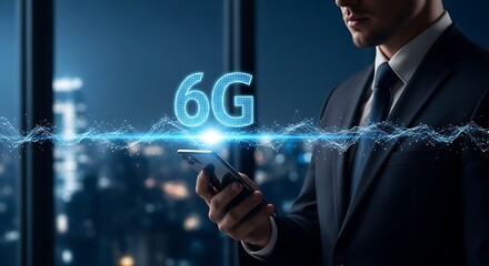 Businessman using 6G technology on smartphone in modern office