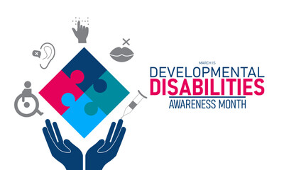 Obraz premium Developmental Disabilities Awareness Month Vector Puzzle Ribbon Inclusion Support Autism Cerebral Palsy Health March Banner Design Infographic Stock Graphic