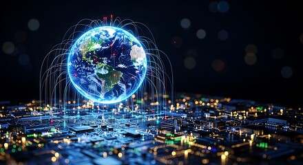 Global digital network connection with glowing Earth