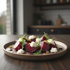 Beetroot salad with feta cheese, arugula, and walnuts on rustic plate. Appetizing healthy food for restaurant menu