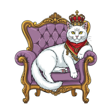 Regal white cat with a crown and red scarf sitting majestically on a purple and gold throne.
