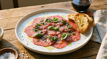 Beef carpaccio appetizer with fresh basil, rosemary, and olive oil on a white plate with toasted bread