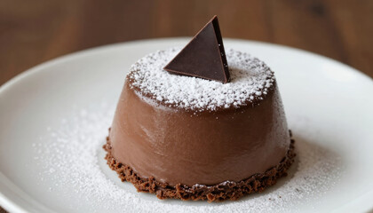 Chocolate panna cotta dessert dusted with powdered sugar and topped with a dark chocolate triangle on a white plate. Gourmet sweet for restaurant menu.