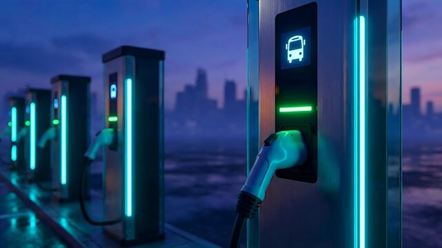 Rows of glowing electric vehicle charging stations illuminate a modern city scene at dusk, ready for sustainable public transit bus refueling
