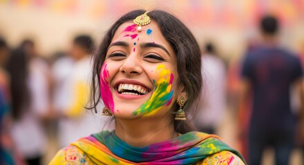 Smiling Indian Woman Celebrating Holi with Colorful Face Paint