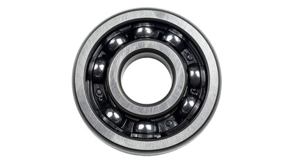 Close-up of a ball bearing on black, featuring metal rollers and inner/outer rings
