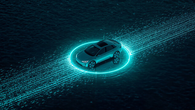 光の海に浮かぶ港の輪と航路で車の移動を比喩的に表現