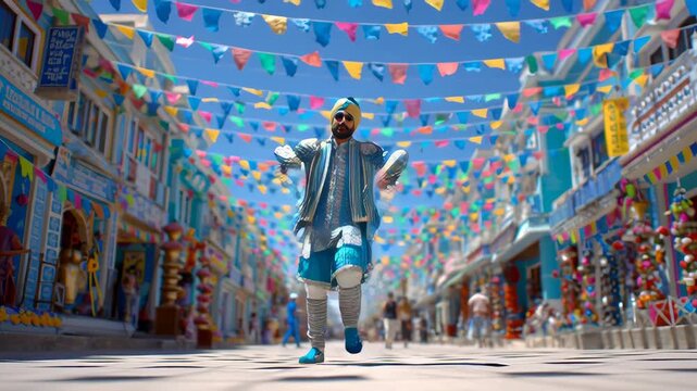 Vibrant Bhangra Dance Performance During Festive Celebration with Colorful Decorations and Traditional Attire in a Cultural Street Scene