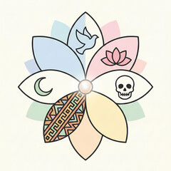 Symbolic Flower Mandala with Dove Lotus Skull Illustration
