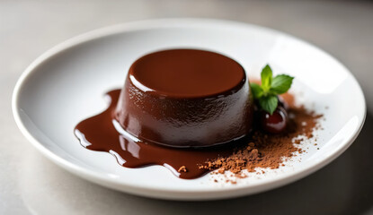 Delicious dark chocolate panna cotta dessert on a white plate.