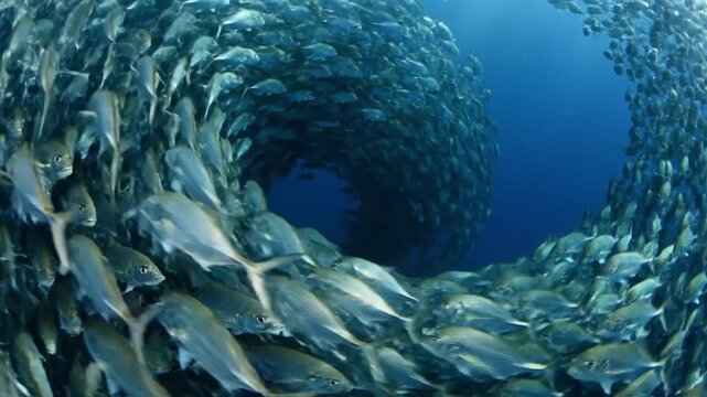School of Fish Swimming Underwater Together.