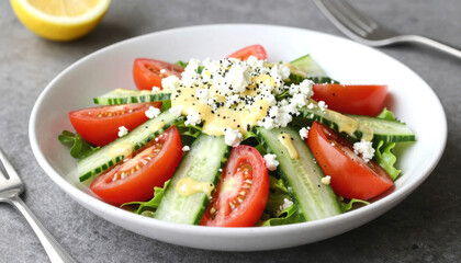 Fresh green salad with tomato, cucumber, feta cheese, and dressing. Healthy meal for diet and vegetarian lifestyle.