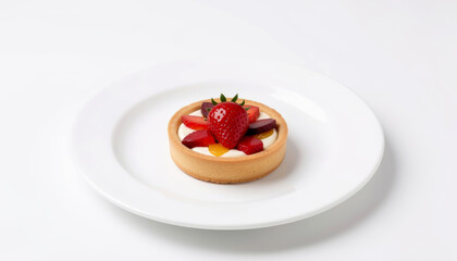 Fresh fruit tart with strawberry on white plate. Sweet dessert with custard and berries.
