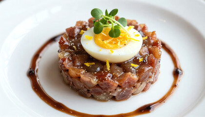 Gourmet beef tartare with a perfectly cooked egg on top, garnished with fresh sprouts and lemon zest