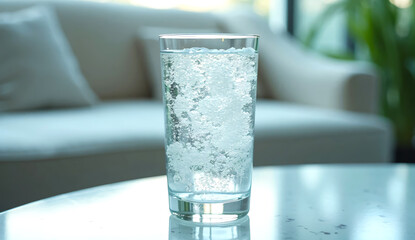 Glass of sparkling water with bubbles on a table. Refreshing carbonated drink for hydration.
