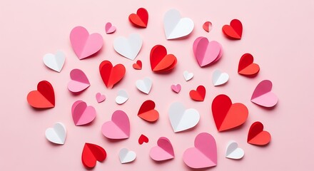 A vibrant collection of paper hearts scattered across a soft pink background