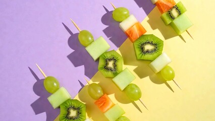 Fresh fruit skewers pattern with kiwi and grapes, healthy summer snack illustration on purple and yellow background, candid aesthetic food art