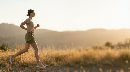 Woman Running on Scenic Trail at Golden Hour

